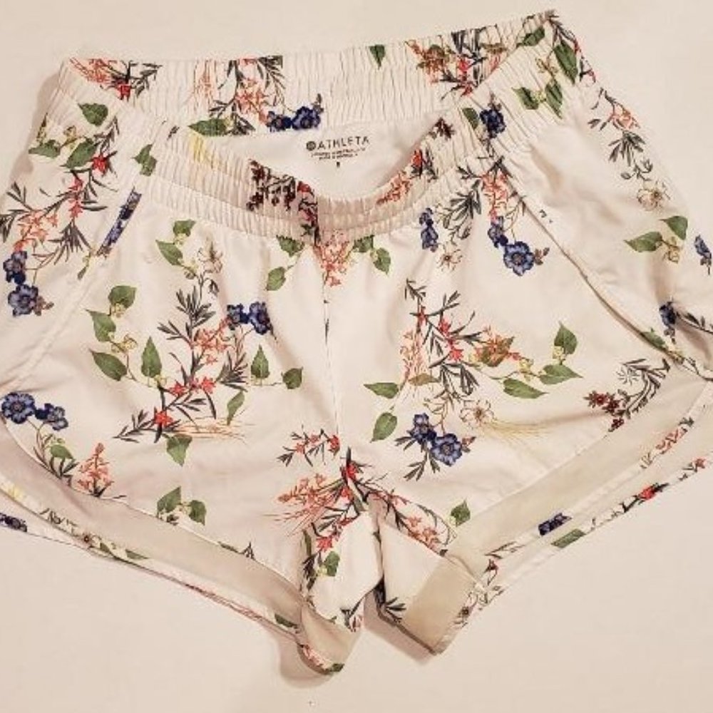 Athleta running free floral shorts white lined Sm